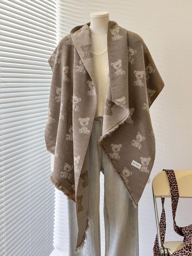 Women's Luxury Faux Cashmere Shawl Cute Teddy Bear Print Winter Wrap with Tassels Pashmina Bandana Style for 