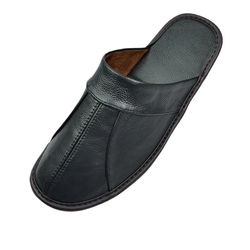 Men's Luxury Cow Split Leather Handmade Men Home Slippers Spring Slip On Soft Comfortable Black Brown Bedroom Indoor Flat Shoes