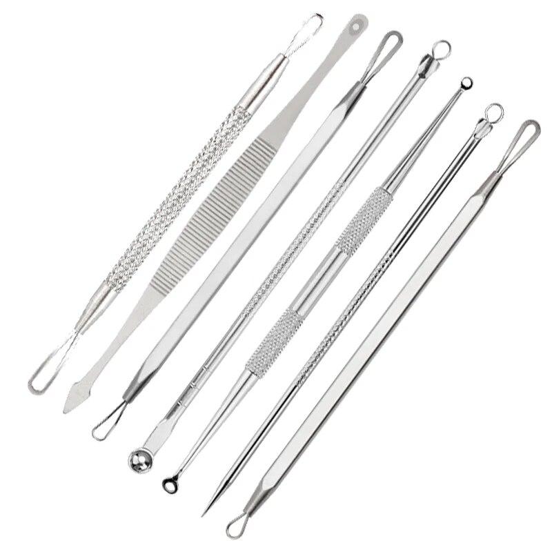 Set for Acne Blackheads Acne 7 Pieces Remove Black Dots Points Comedones Extractor Prick Loop Tweezer Spoon for Face Cleaning