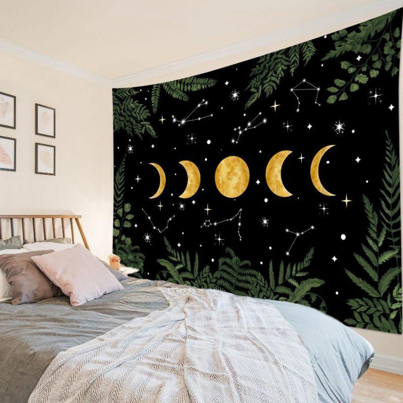 Moon Phase Constellation Fern Leaf Wall Tapestry Black Gold Lunar Cycle Star Zodiac Green Botanical Border Bedroom Living