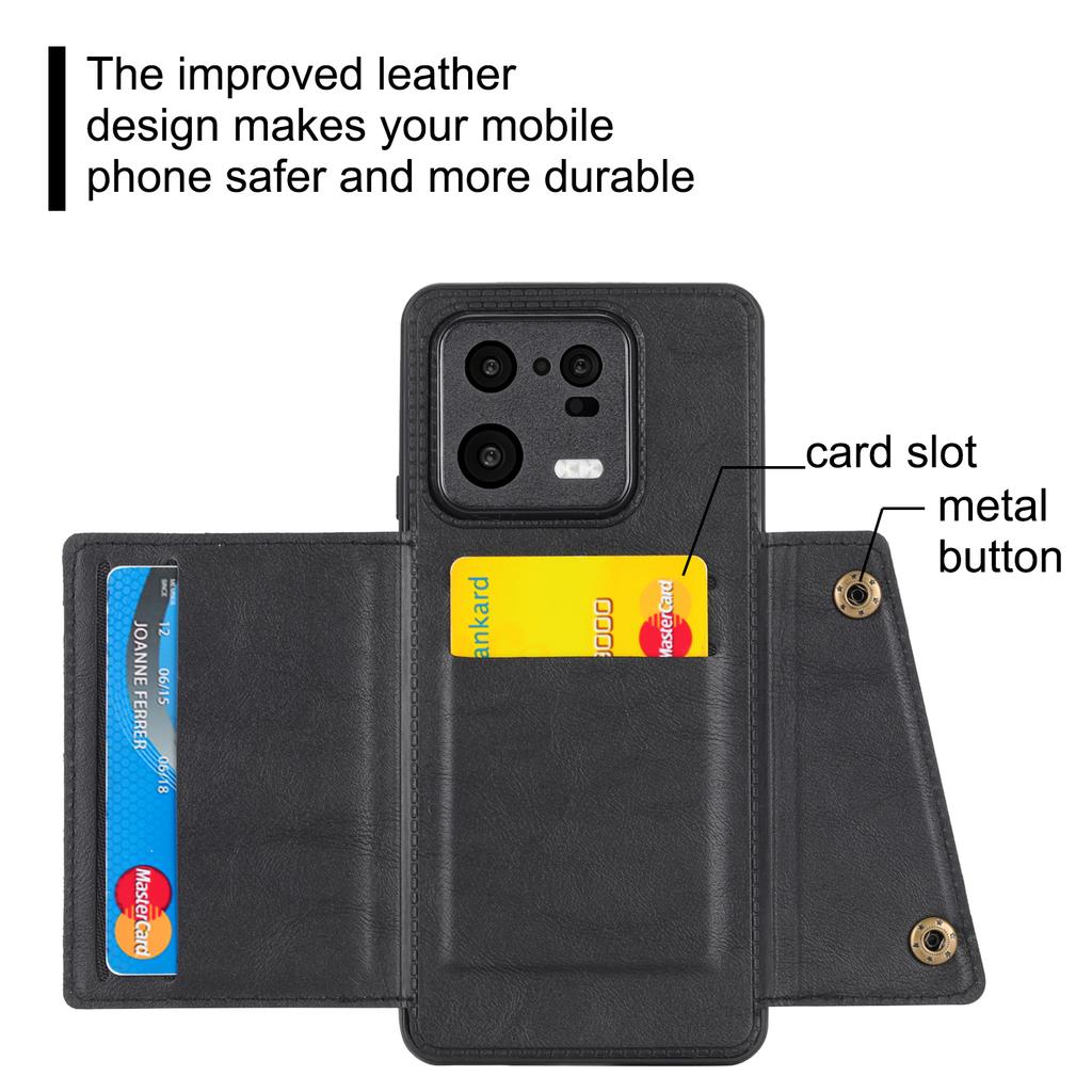 Carcasă pentru telefon Xiaomi 13 5G cu suport pliabil, sloturi pentru carduri cu două butoane, carcasă din piele PU acoperită cu TPU rezistentă la cădere, cu placă metalică încorporată