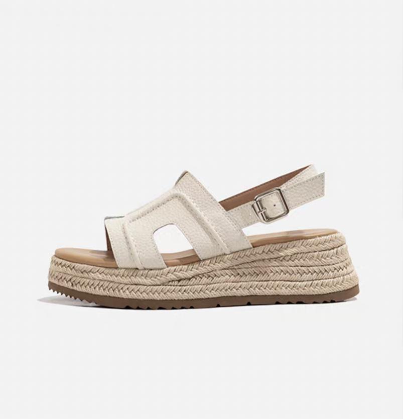 

Zhao Ruth s same leather one-word H cool slippers women s summer outer wear h slippers open-toed thick-soled high-heeled heightening slippers 39