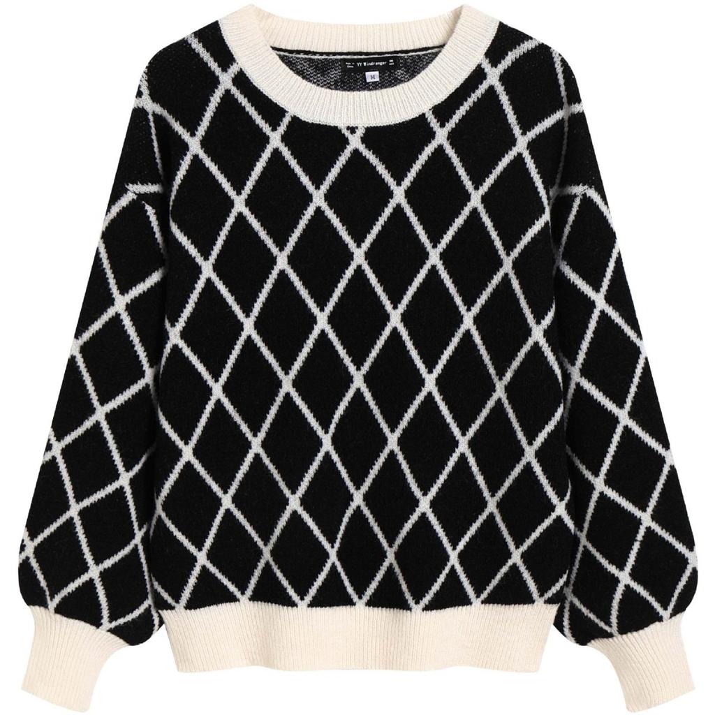 Vrstvený top na dojíždění: Svetr s kulatým výstřihem, kontrastní barvou, kostkovaným vzorem, oboustranným žakárovým úpletem a dlouhými rukávy