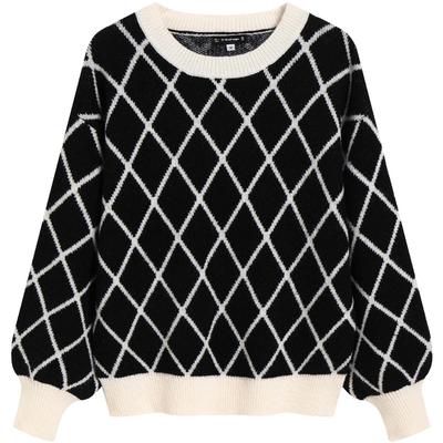 Pendler-Lagenoberteil: Rundhals Kontrastfarbe College Schachbrett Doppelseitiger Jacquard Langarmpullover