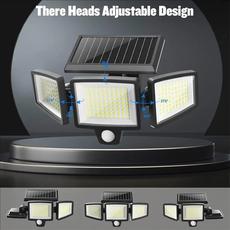 208LED Solar Outdoor Lights Security Lights with Remote Control 3 Heads Motion Sensor IP65 3 Modes Waterproof Flood Wall Lights