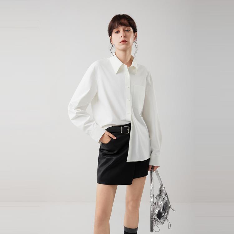 ELLE French Minimalist Fashion Design Asymmetrical Lapel Casual Loose Versatile Long Sleeve Shirt Women shirts EC52895