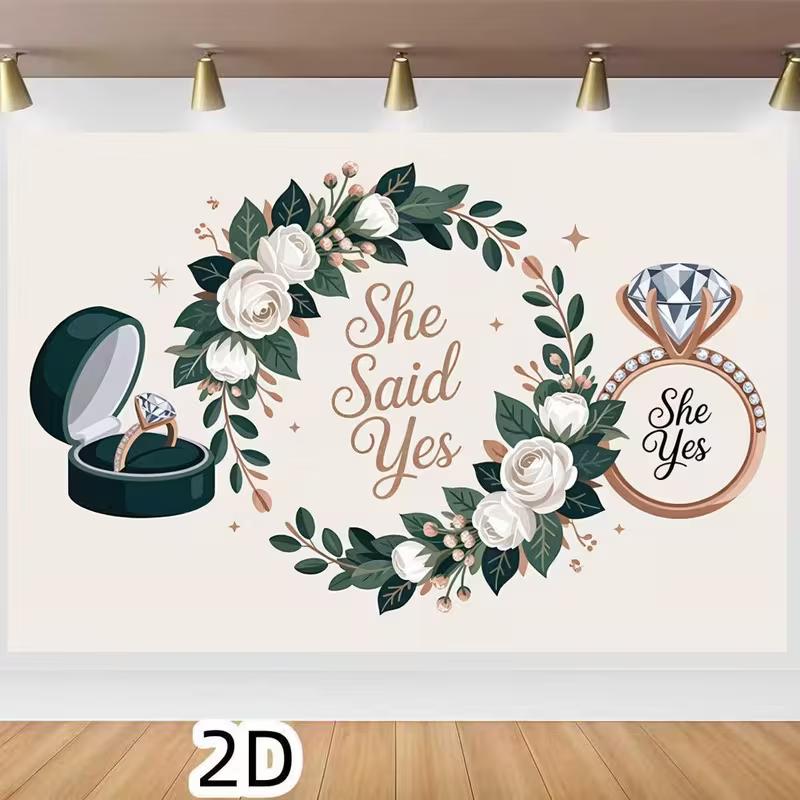 2D Elegant Engagement Photography Backdrop, She Said Yes Diamond Ring and Floral Wreath Background