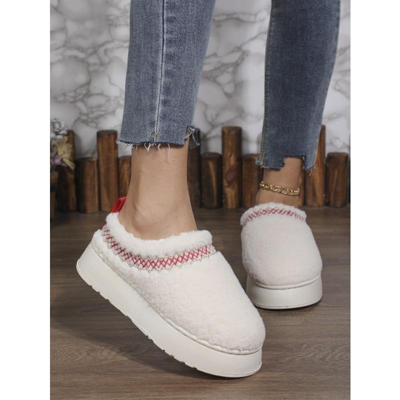Thick Soles Wear Winter Headscarf Half Slippers, New Ethnic Style Lace Wool Semi-support Snow Cotton Slippers