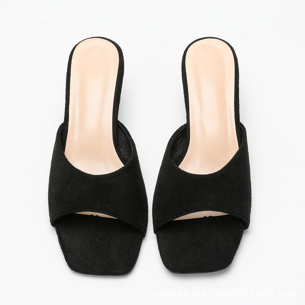 Damen Hausschuhe Sommer neue Wildleder Ein-Pedal-Schuhe schlicht und bequem dicker Absatz vielseitige Haussandalen