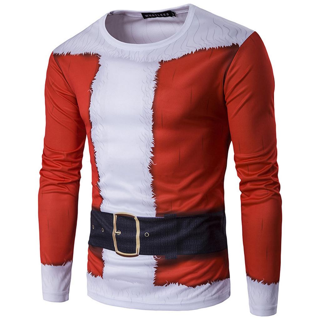 Men's Round Neck Slim Fit Long Sleeve Top Christmas Print T-shirt