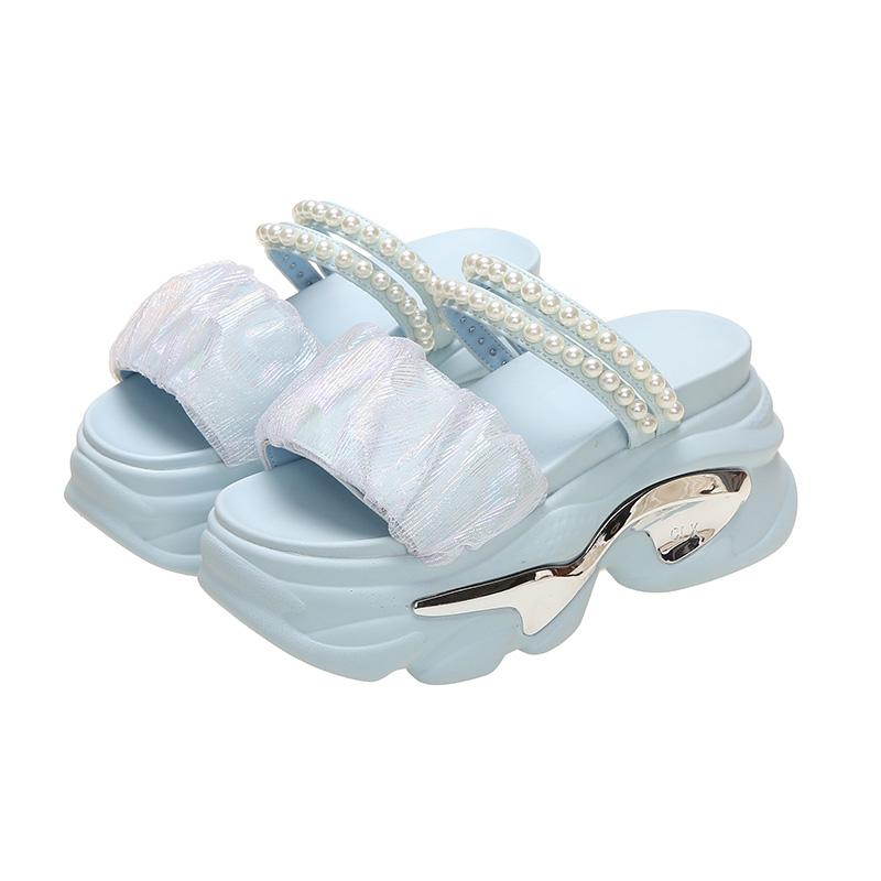 

Женские летние сандалии, пляжная обувь, новые шлепанцы со стразами, туфли на танкетке, женские блестящие тапочки на высокой платформе, уличные сандалии 8 см 34 небесно-голубой