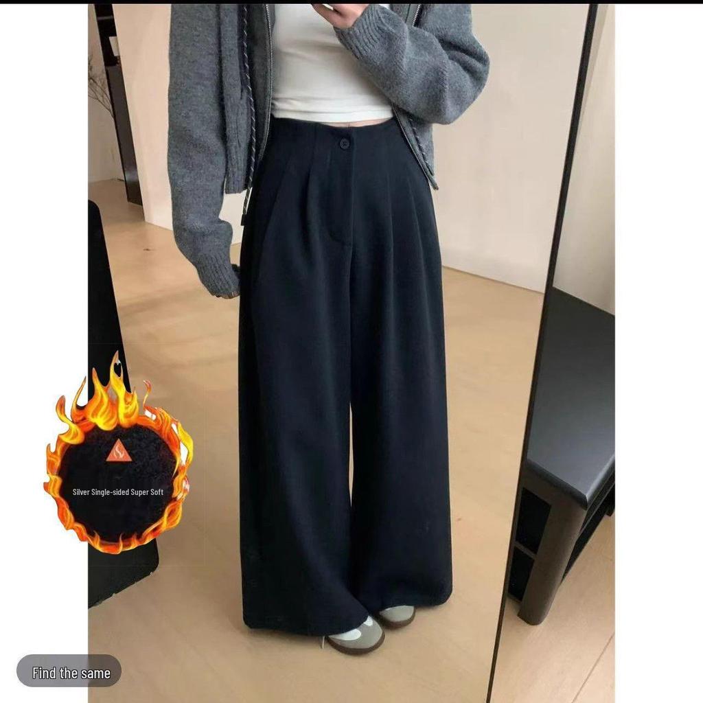 Women's Deep Gray Wool Blend Wide-Leg Pants - Autumn/Winter Drape Loose Casual Thick Long Pants