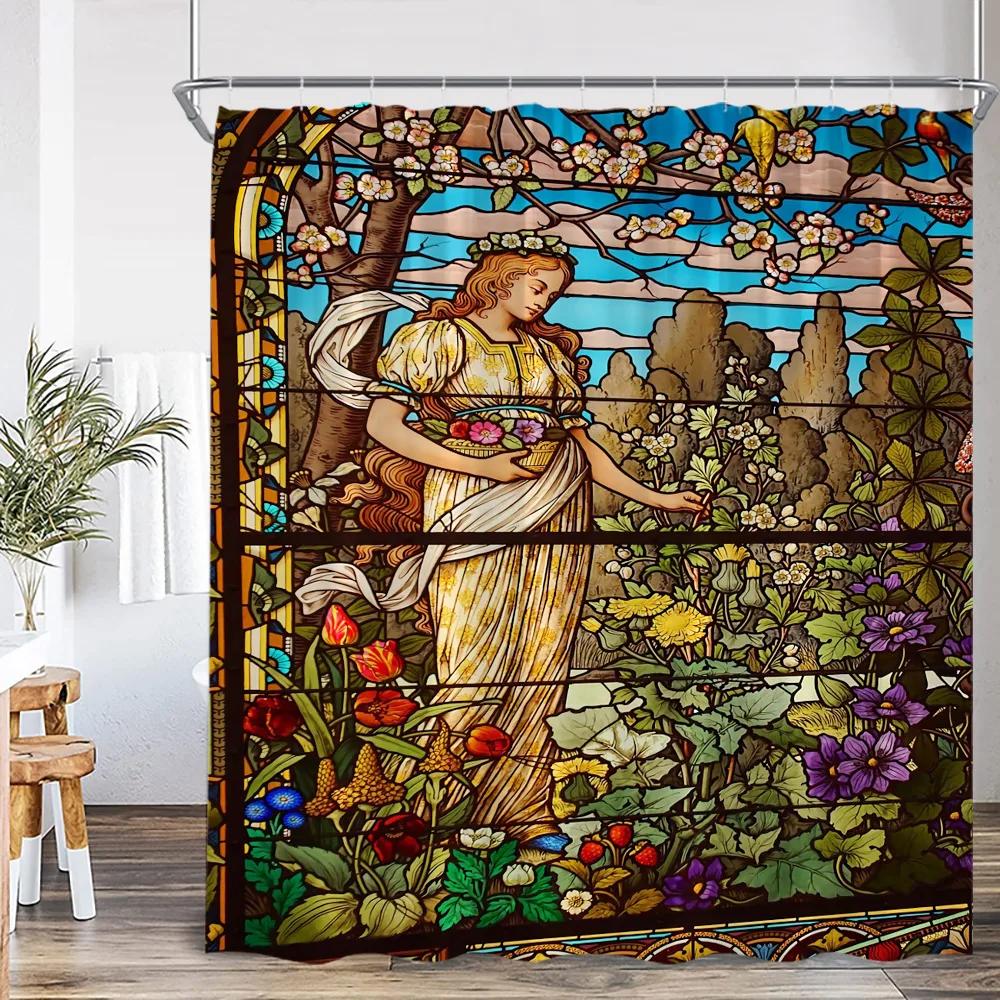Stained Glass Garden Shower Curtain Butterfly Flowers Church Colored Painting Glass Wall Art Bath Curtain Aesthetic Bath Curta
