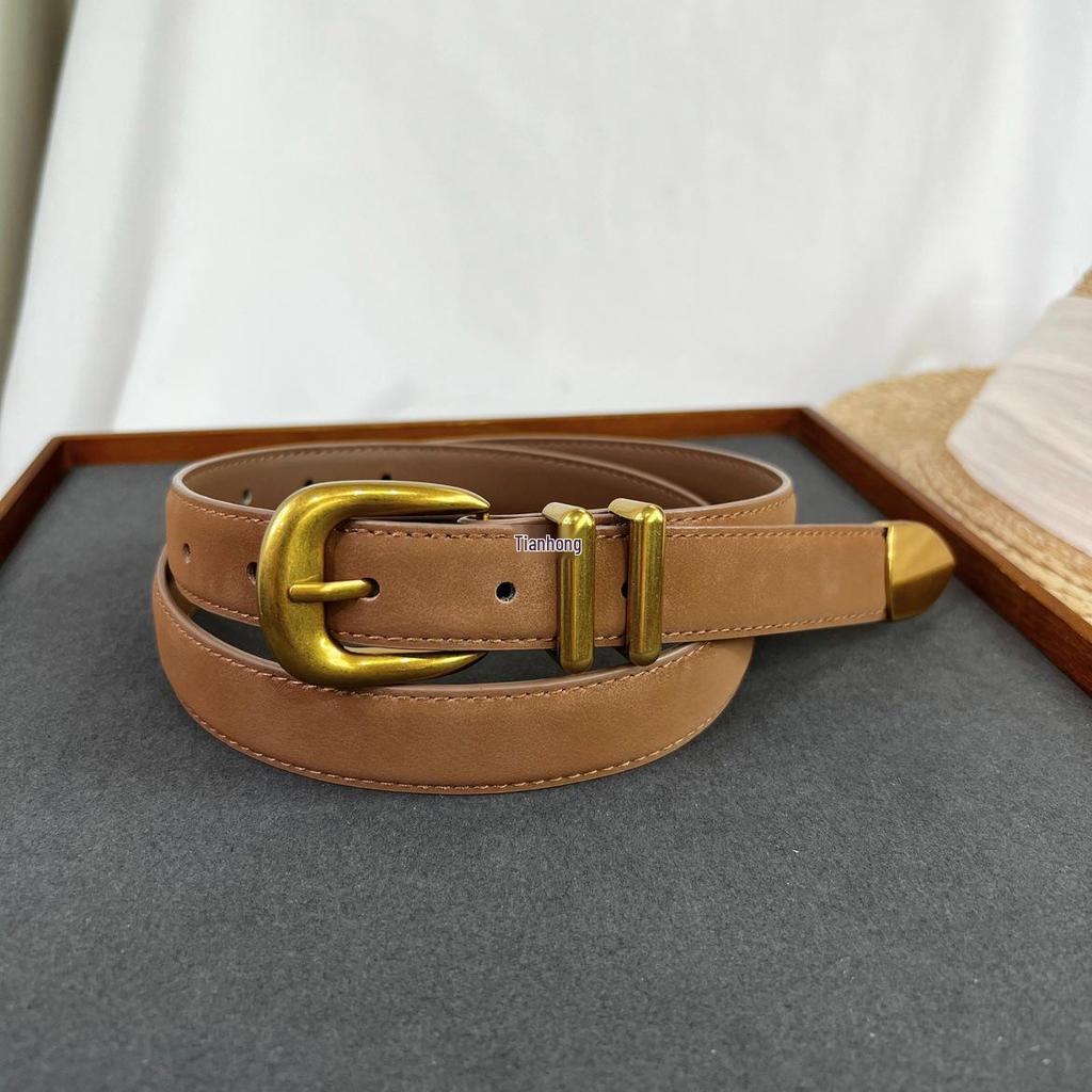 Ceinture Rétro à Boucle Dorée en Daim - Accessoire en Cuir de Vachette Style Myerard pour Pantalon