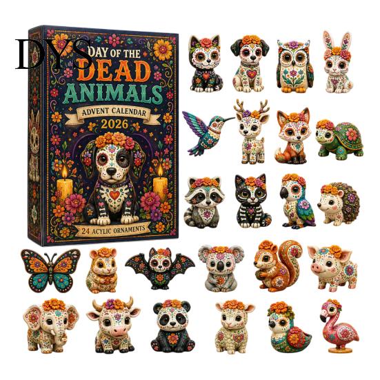 Skull Flower Advent Day of The Dead Calendar, 24-Day Acrylic Ornament Set with Gothic Holiday Countdown Gift And Marigold Designs, Halloween