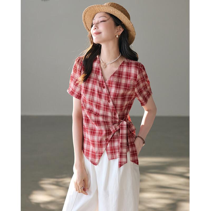 TERRE BLEUE Women s Plaid Short-Sleeve Blouse M