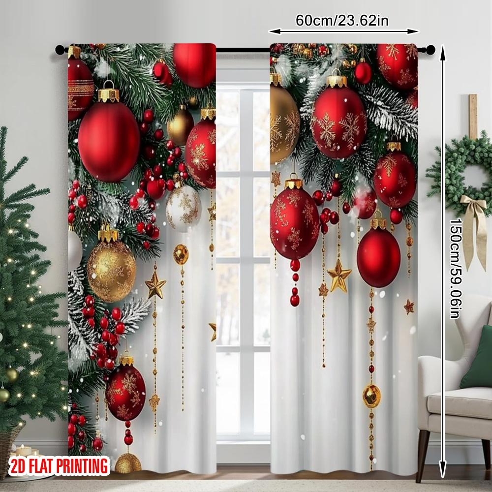 2pcs 2D flat printing Fashionable Christmas Curtains Red and Gold Ball Pine Branch Snowflake Digital Printed Polyester Drapes