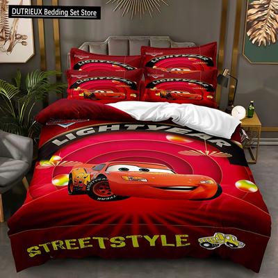 Set Lenzuola Stampate Lightning McQueen Motivo Film Auto Set Biancheria da Letto Confortevole per Bambini e Adulti Set da 3 Pezzi Misura Matrimoniale