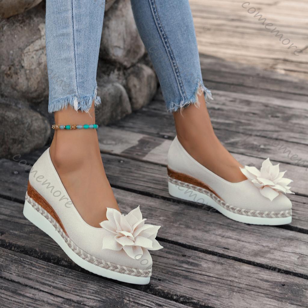 Fashion Comemore Flower-patterned Women Pumps Spring Summer Casual Wedge High Heels Slip On Loafers Flat Bottom Single Shoes for Women
