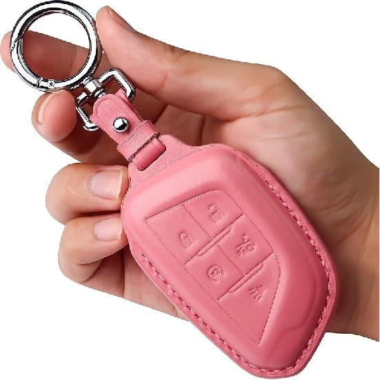 Tukellen for Cadillac Leather Key Fob Cover with Keychain Leather Key Case Key Shell 360 Degree Full Protection Compatible with Cadillac Escalade CTS