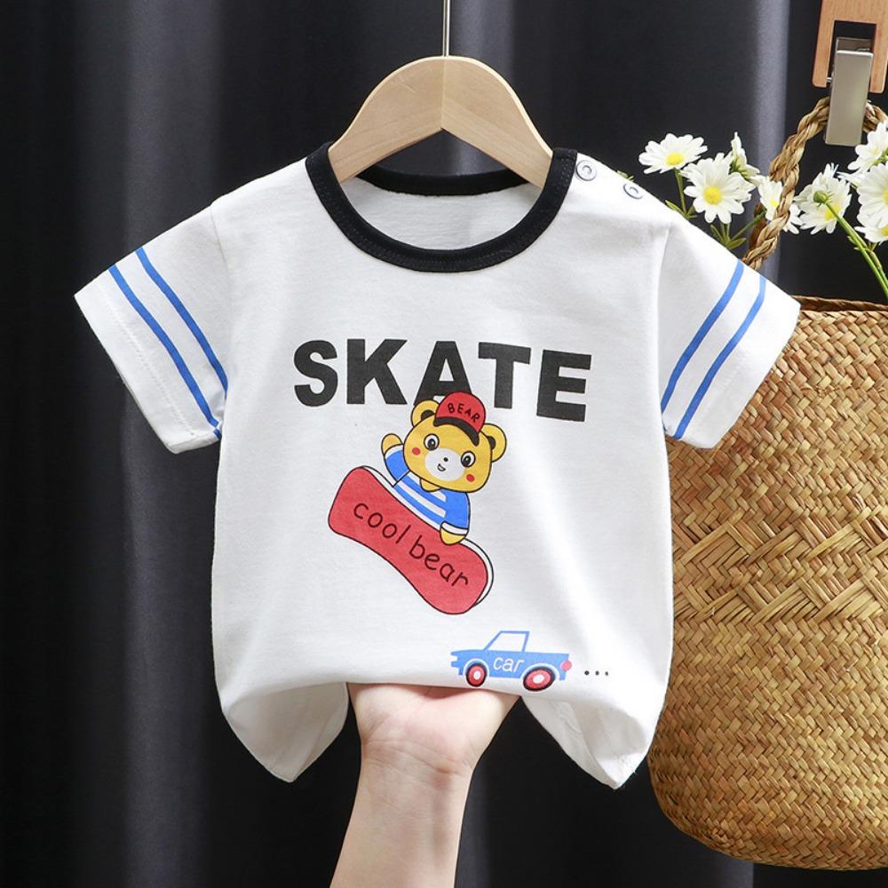 

2026 Baby Boys Girls Cotton T-shirts 0-4Y Cute Cartoon Print Toddler Short Sleeve Tees Soft Breathable Kids Summer Striped Tops 100