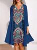 Women's Blue Sequin V-Neck Dress with Matching Cardigan, Available In 6 Colors