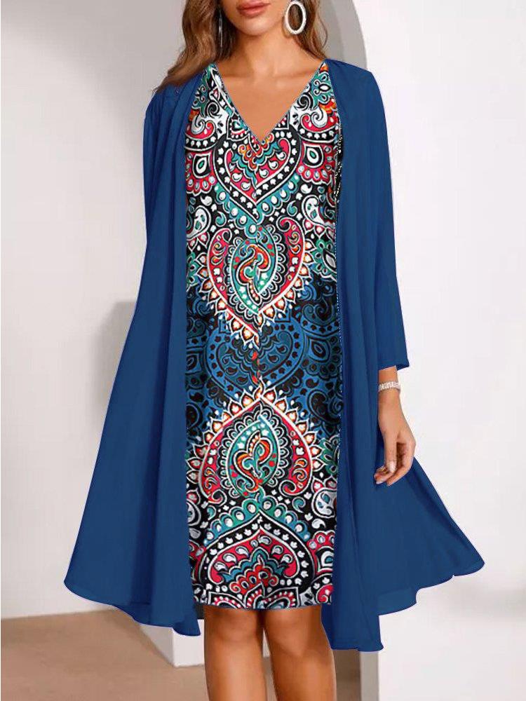 Women's Blue Sequin V-Neck Dress with Matching Cardigan, Available In 6 Colors