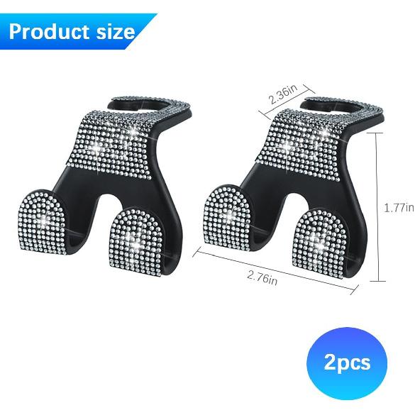 HZEL Bling Car Headrest Hooks, 2PCS Crystal Rhinestone 2 In 1 Vehicle Back Seat Purse Bag Hook for Woman Girl, Auto Interior Hanger Storage