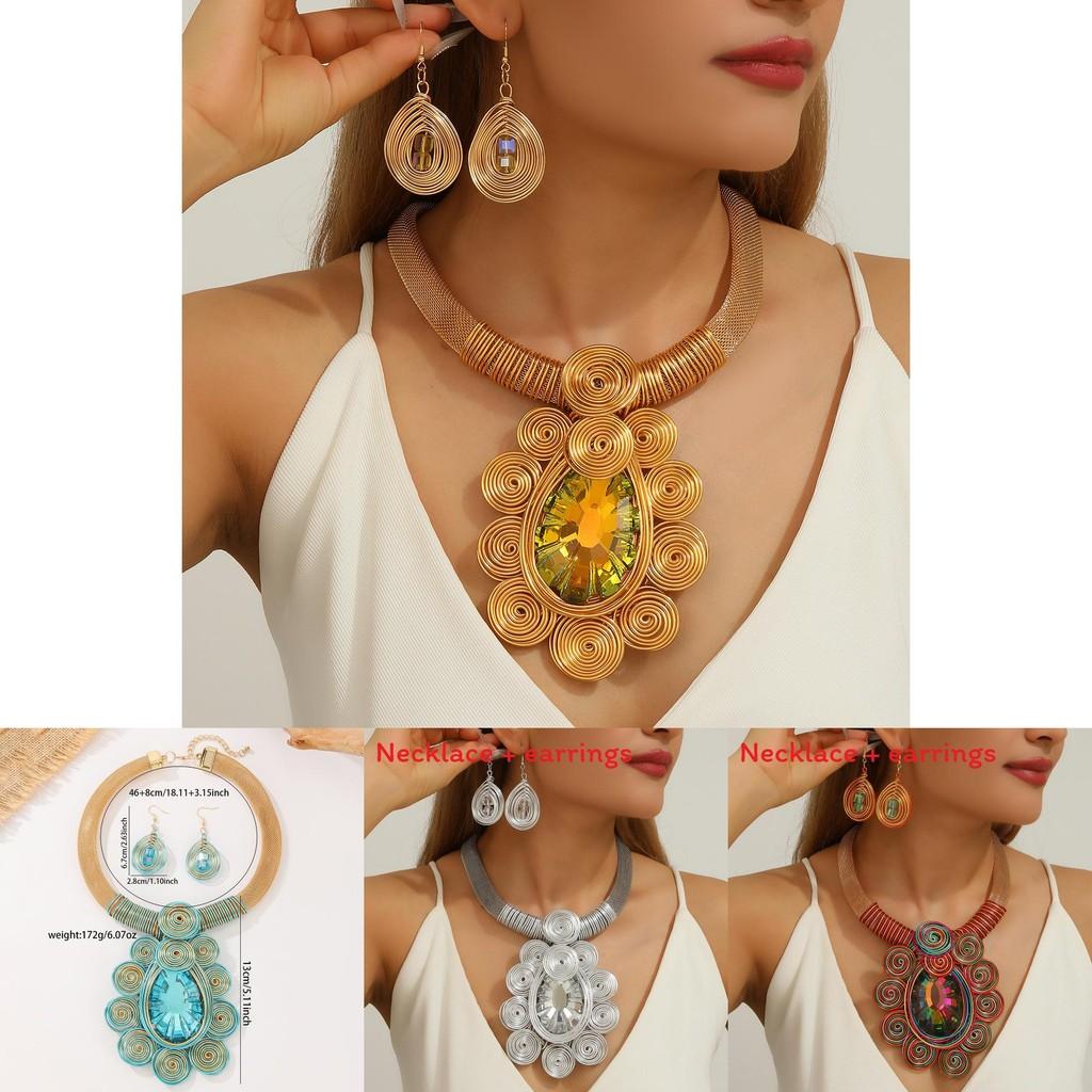 Spring 2025 Boho Jewelry Set With Electroplated Crystal Pendant And Artistic Earcuffs For Women