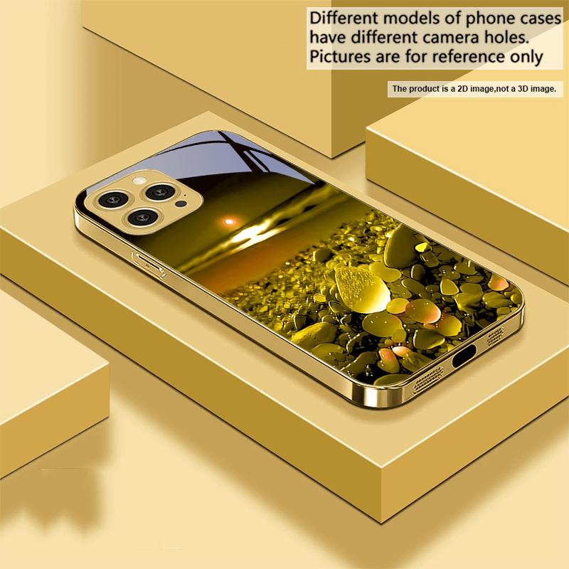 Färgglad stensjöstrand För IPhone 16 16Pro Max 15 P ro 14 13 Plus 12 Mini 11Pro Max XS Max XR Guld härdat glas mobilskal