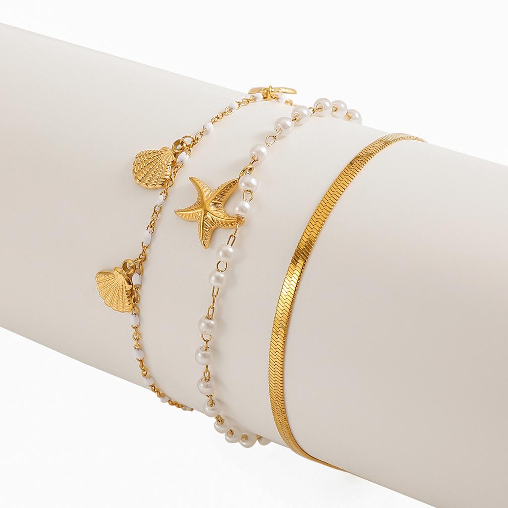 Yori Ocean Style Starfish Shell Three Layer Chain Bracelet 18K PVD Plated Summer Daily Jewelry Hypoallergenic for Women