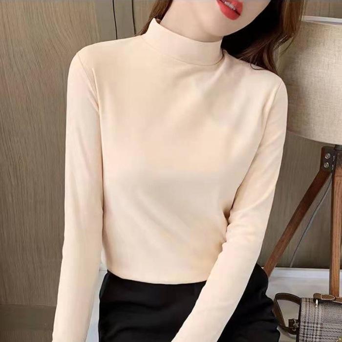 Women's Half High Neck Slim Fit Warm T-Shirt - Autumn/Winter Solid Color.