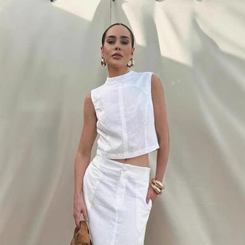 Spring and Summer New White Sleeveless Stand Collar Top Slit Loose Long dress Two-piece Set Simple Commuting Set Women