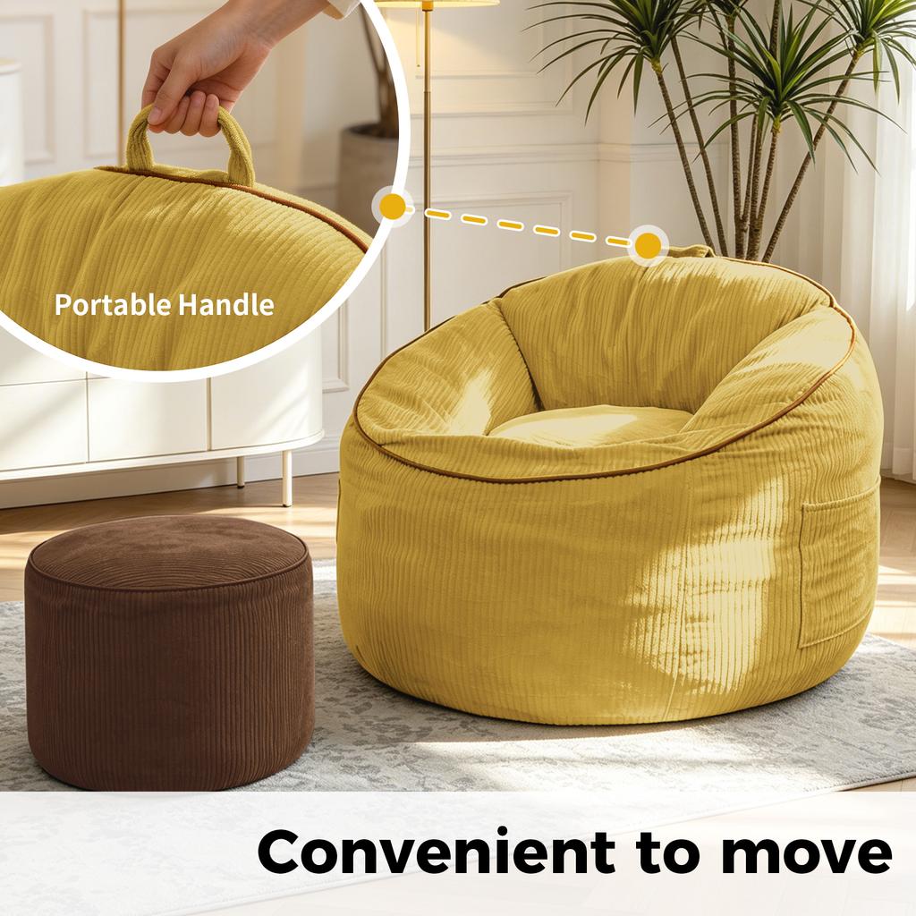 Ergonomic Curved Bean Bag Chair with Detachable Storage Pocket and Matching Cylindrical Ottoman for Modern Home Comfort