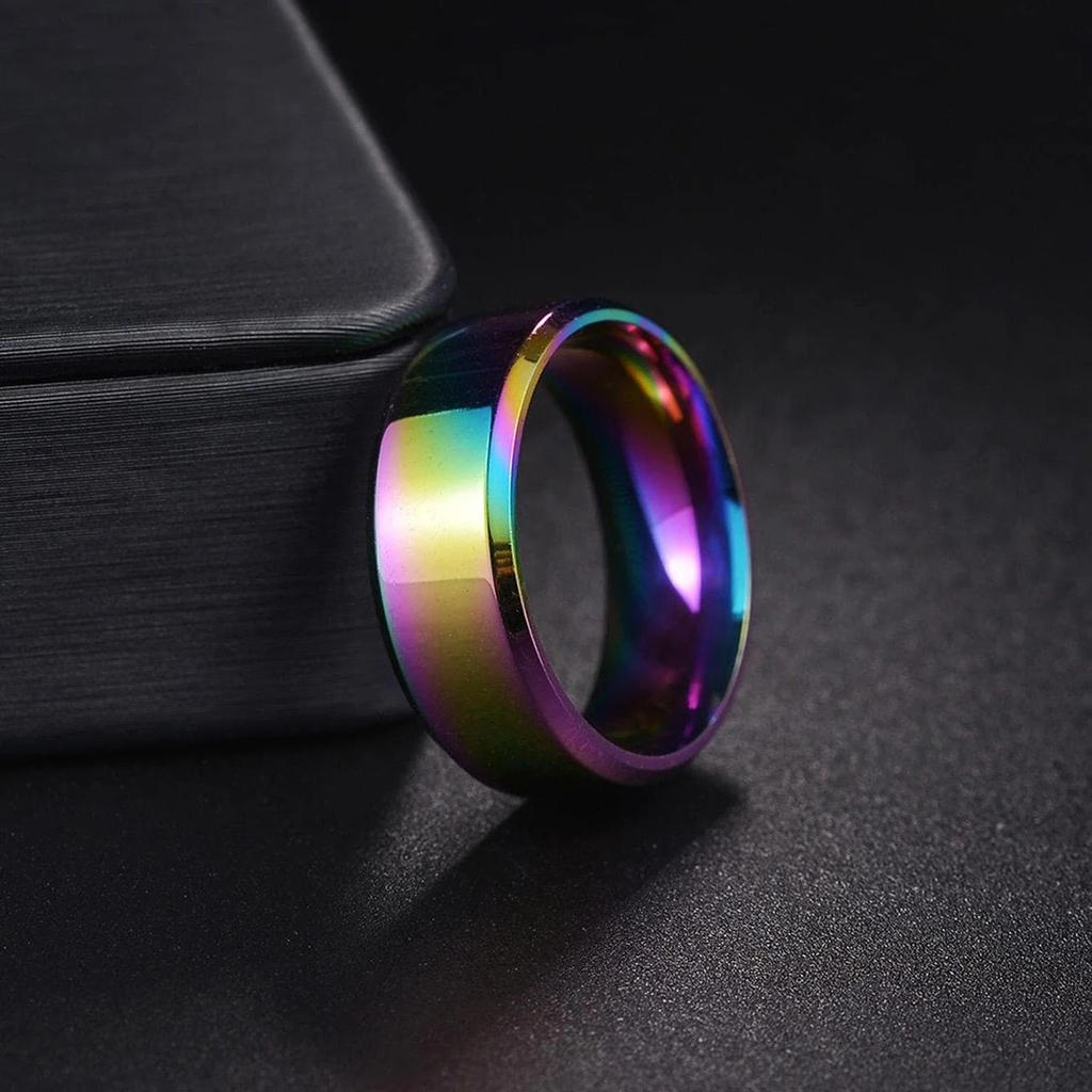 Simple 8mm Rainbow Stainless Steel Rings For Men Women Colorful Matte Finish Beveled Polished Edge Men Ring Wedding Band