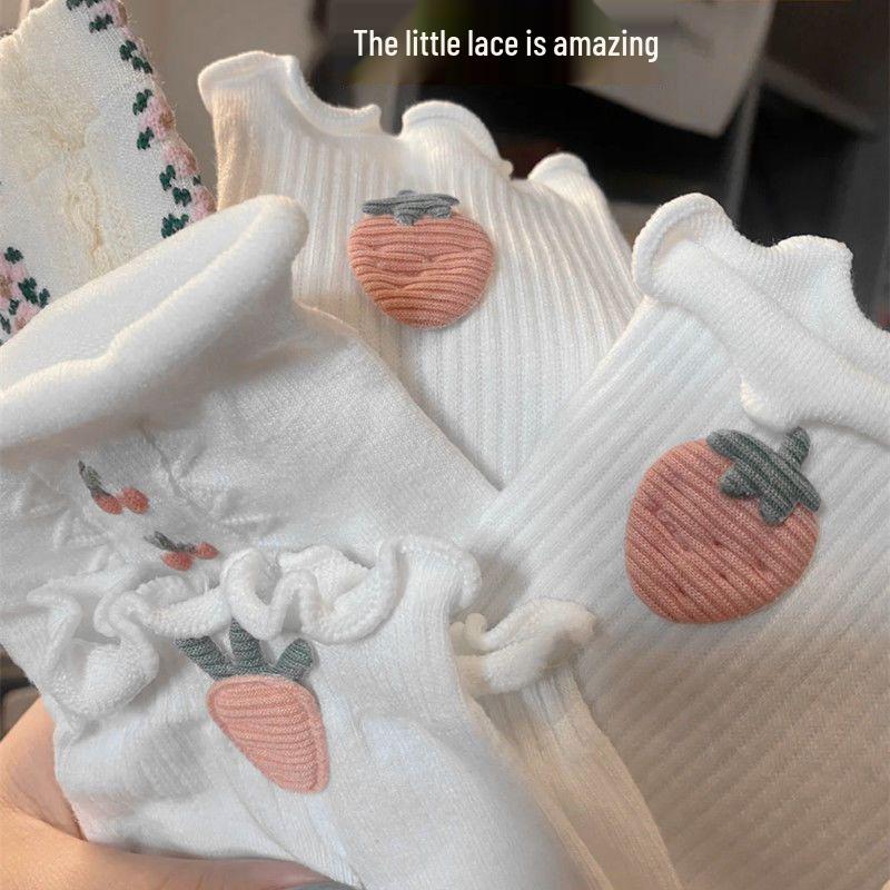 

Женские летние носки с клубничной кружевной отделкой - Универсальный дизайн с оборками до середины икры Strawberry