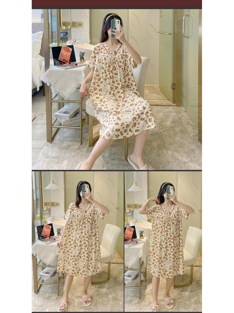 Sweet Summer V-Neck Cotton Rayon Nightgown - Loose-Fit, Short-Sleeved