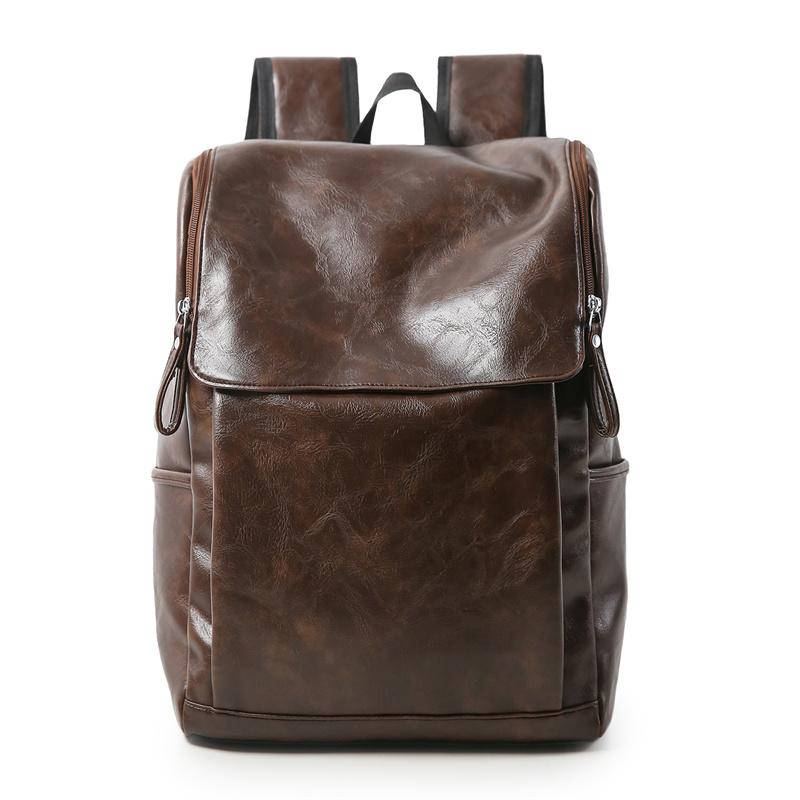 Solid Color PU Backpack Men's Large Capacity Backpack Student Sports Travel Computer Bag