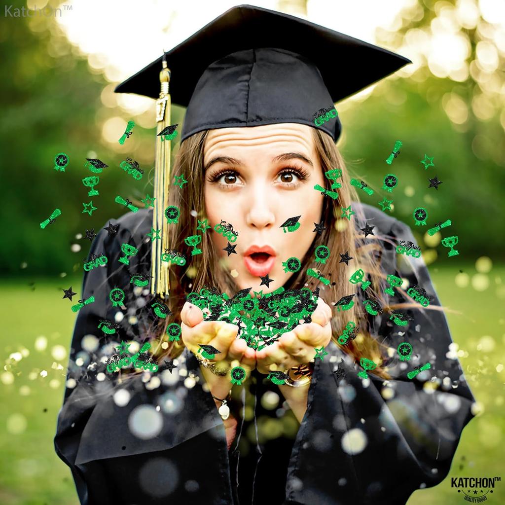KatchOn, Glitter, Green and Black Graduation Confetti - Pack of 300 | Graduation Cap, Star Confetti for Graduation Table Decorations | Congrats Grad