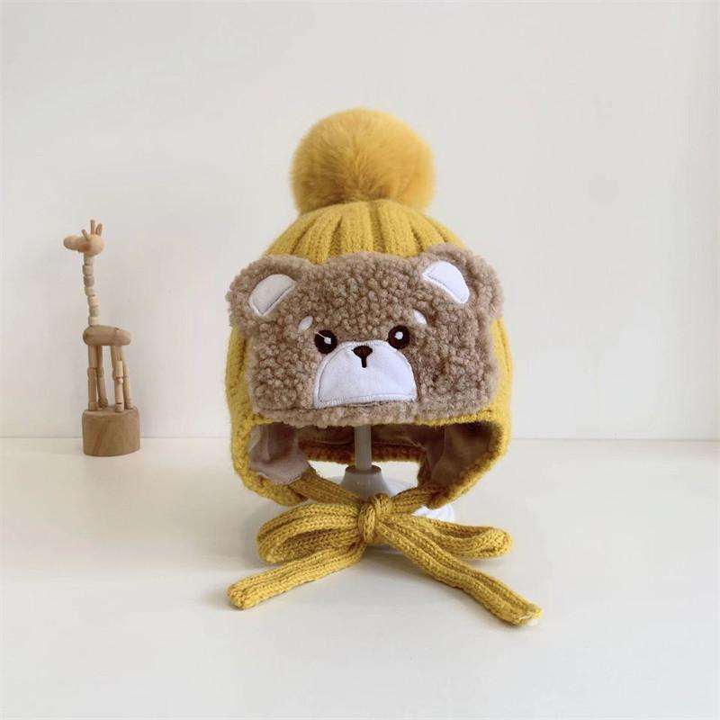 Autumn and Winter Baby Hats Cute Big Wool Ball Knitted Children's Ear Protection Hat Super Cute Little Bear Double-layer Warm Woolen Hat