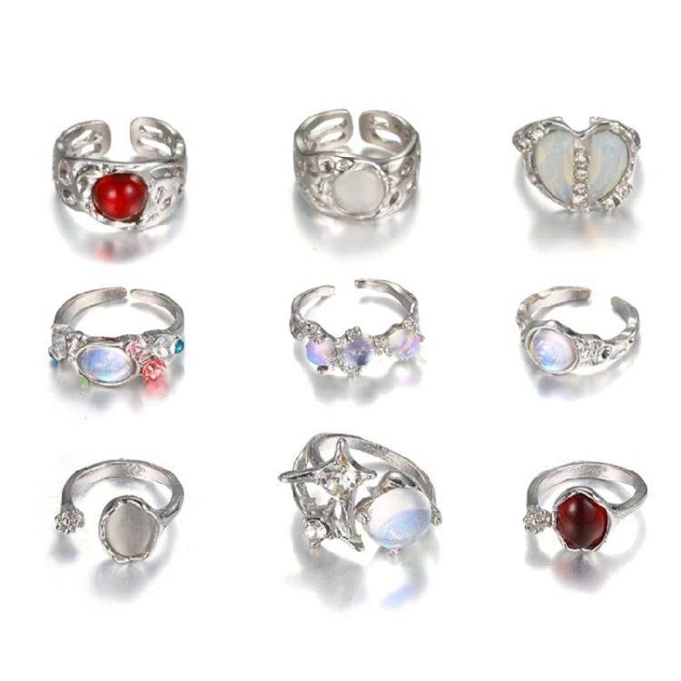 9PCS Fashionable Silver Plated Rings Adjustable Moonstone and Heart Charm Rings Irregular Gemstones Finger Rings 1