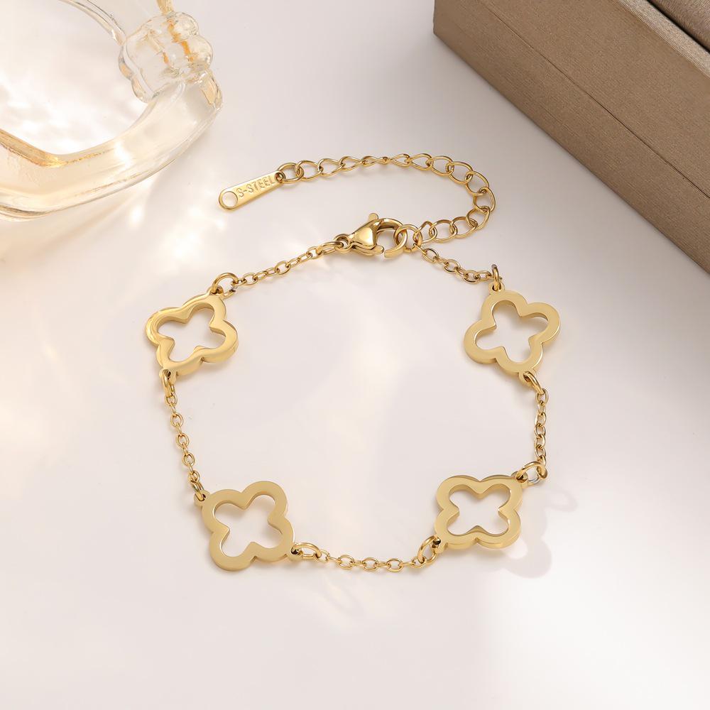 18K Gold Hollow Four-Leaf Clover Jewelry Set: Titanium Steel Bracelet, Necklace, Earrings for Women