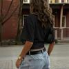 Women Casual Solid Color Short Sleeve T Shirt Deep V Neck Ruched Waist Cropped Top Fashion Summer Blouse