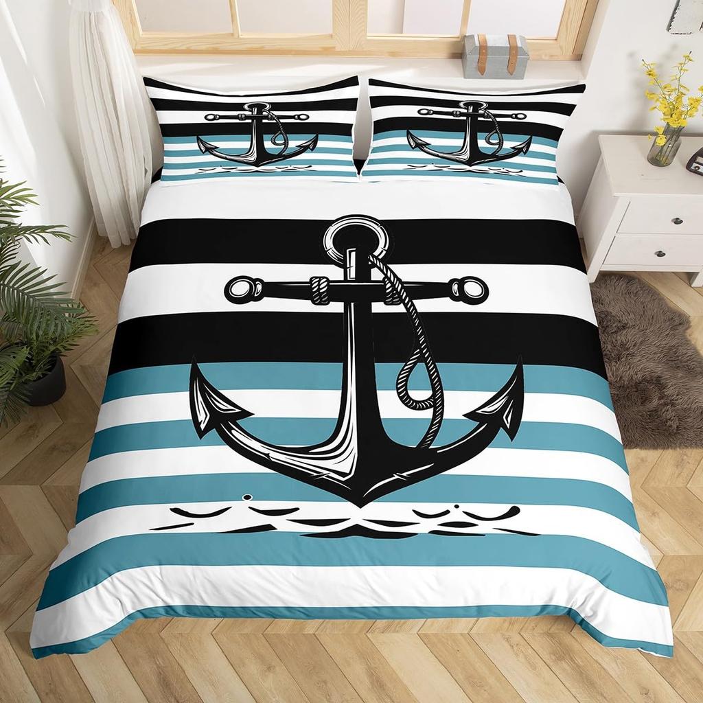 Vintage Anchor Duvet Cover Twin King, Nautical Theme Bedding Set Sailing Boat Sea Turtle Bed Cover, Compass Starfish Quilt Cover