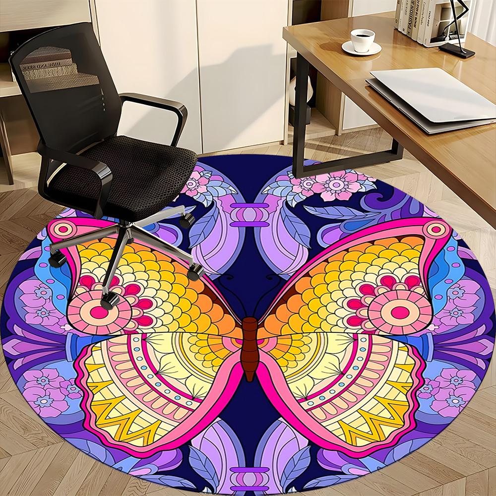 1PC Butterfly Mandala Office Round Rug, Non slip, Soft and Durable Office Rug for Interior Decoration, Perfect for Office