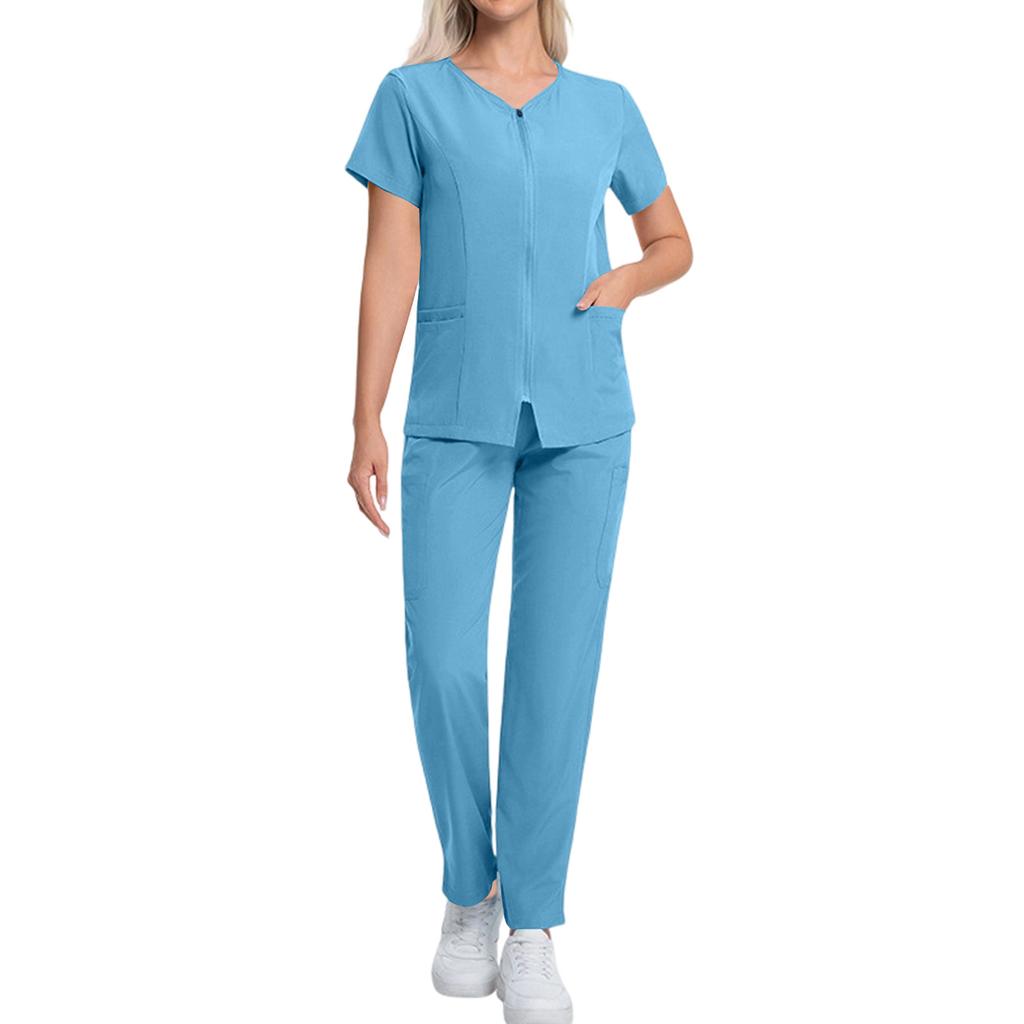 Women's Short Sleeved Color Round Neck Pocket Top Pants Work Clothes Two Piece Set