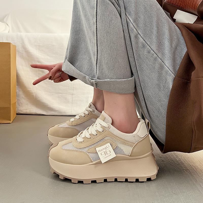 Chunky Autumn New Women Shoes Csaual Running Sneakers Fashion Lace-up Patchwork Leather Sneaker Vulcanized Shoes Chaussure Femme