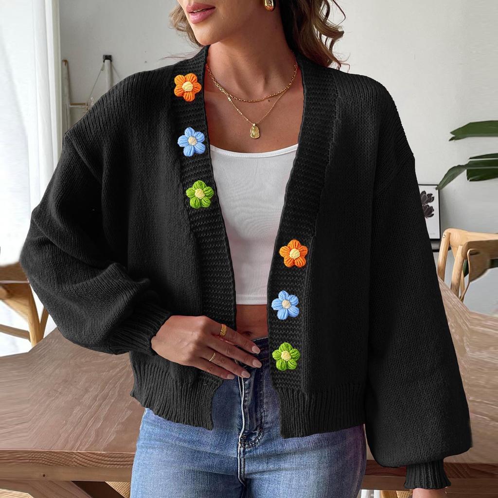Women's Autumn And Winter Woven Sweater Jacket With Hand Hook Flower Splicing Short Buttonless Cardigan Sweater