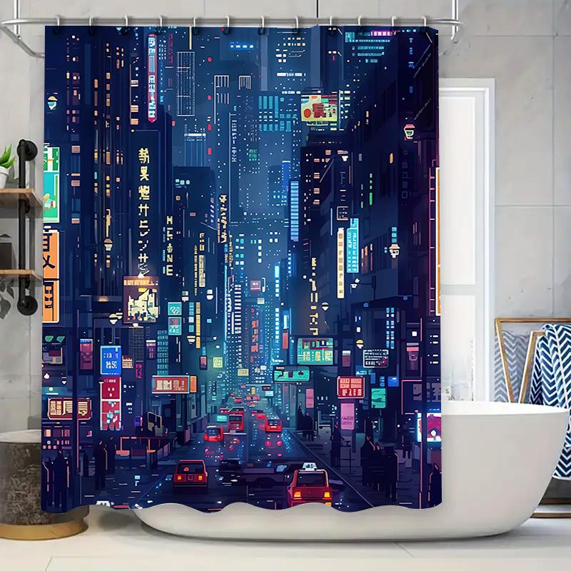 

Cyberpunk Cityscape Shower Curtain Urban Nightlife Bath Decor Neon Signs Futuristic Architecture Sci-Fi Atmosphere Elevate Space W60H190(CM)-1 Pcs
