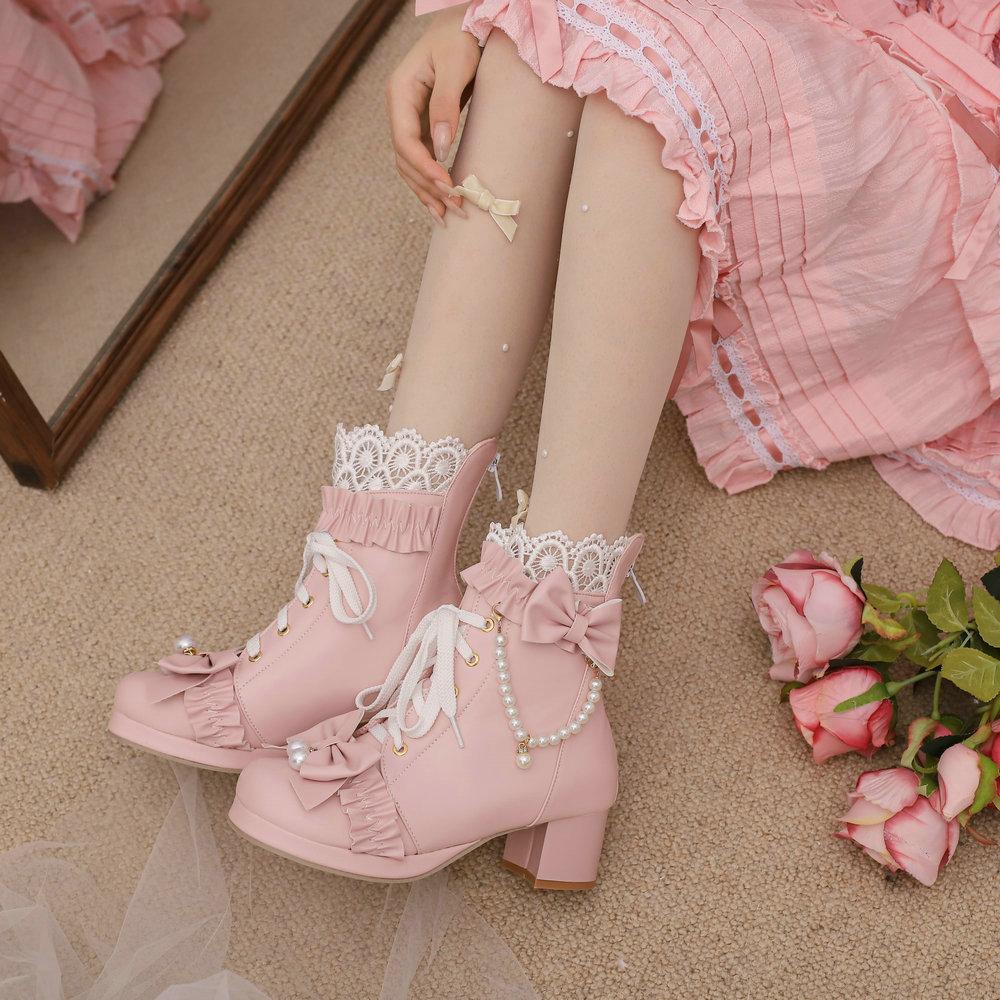 Módní mašličkové kotníkové boty na šněrování s robustním podpatkem, boty Sweet Lolita, boty pro sissy muže, halloweenská cosplay, princeznovské služebné kotníkové boty se šňůrkou a korálky